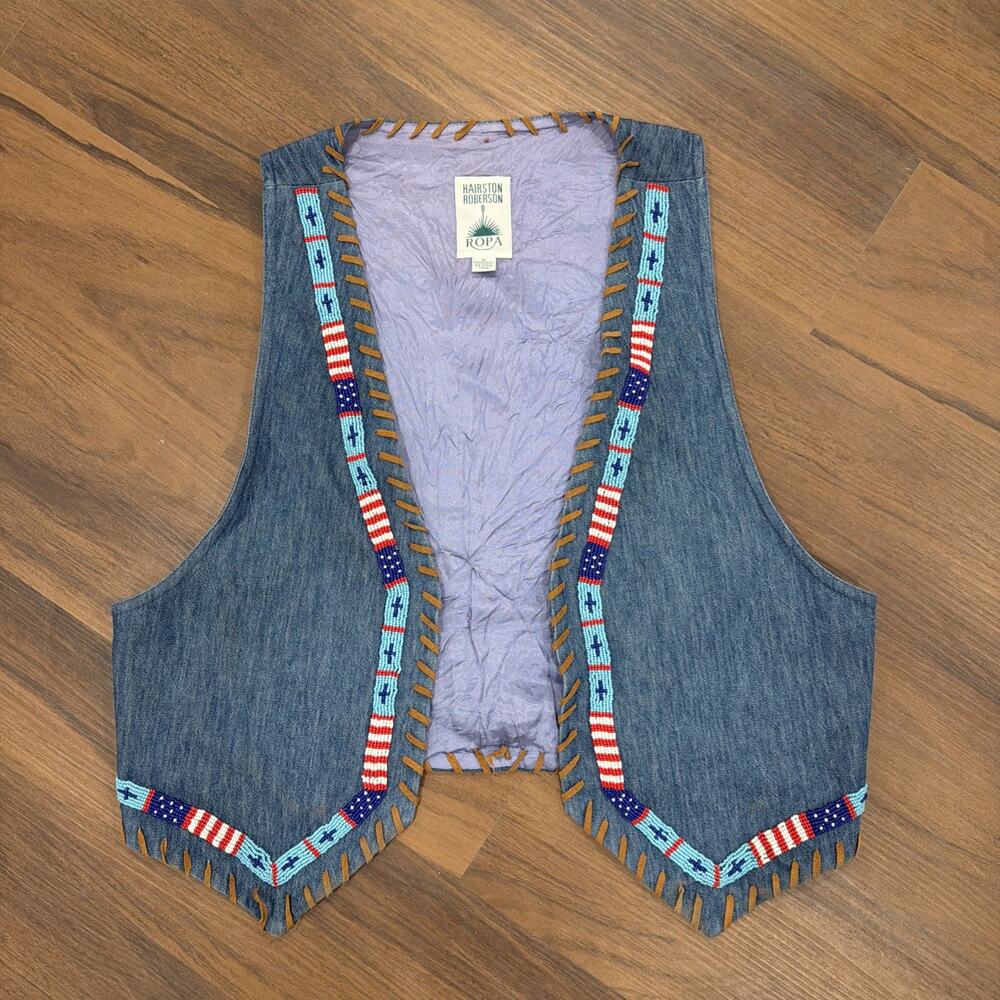 Hairston Roberson 92 Ropa Vest Western Beaded American Flag Leather Laced M/L